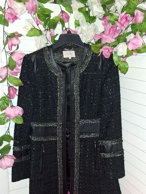 Laundry By Shelli Segal Black Bouclé Coat with Metallic Trim